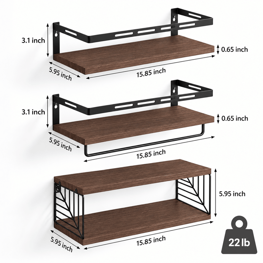 3-Piece Floating Wall Shelves Set, Rustic Brown Wood Wall Mounted Shelves with Towel Bar and Metal Guardrails, 22 lb Capacity Per Shelf, 15.85 x 5.95 Inch