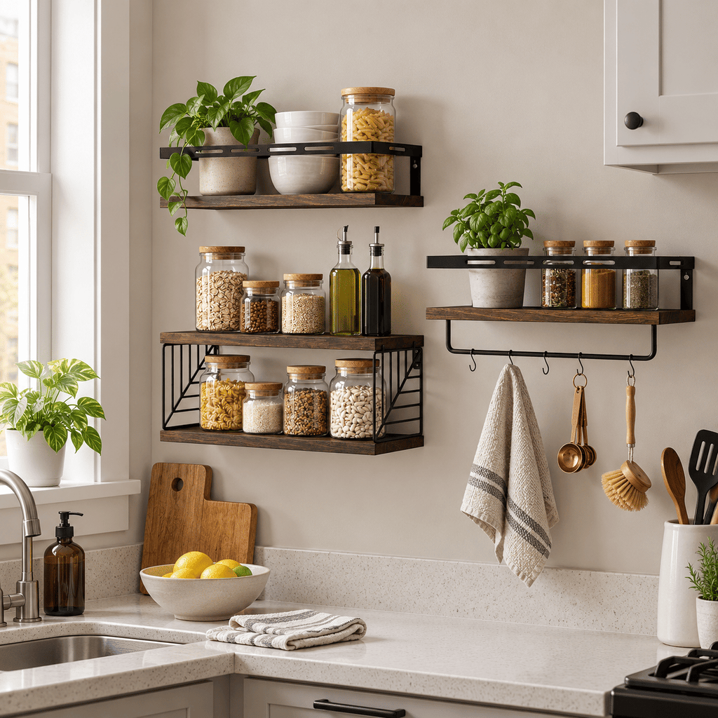 3-Piece Floating Wall Shelves Set, Rustic Brown Wood Wall Mounted Shelves with Towel Bar and Metal Guardrails, 22 lb Capacity Per Shelf, 15.85 x 5.95 Inch