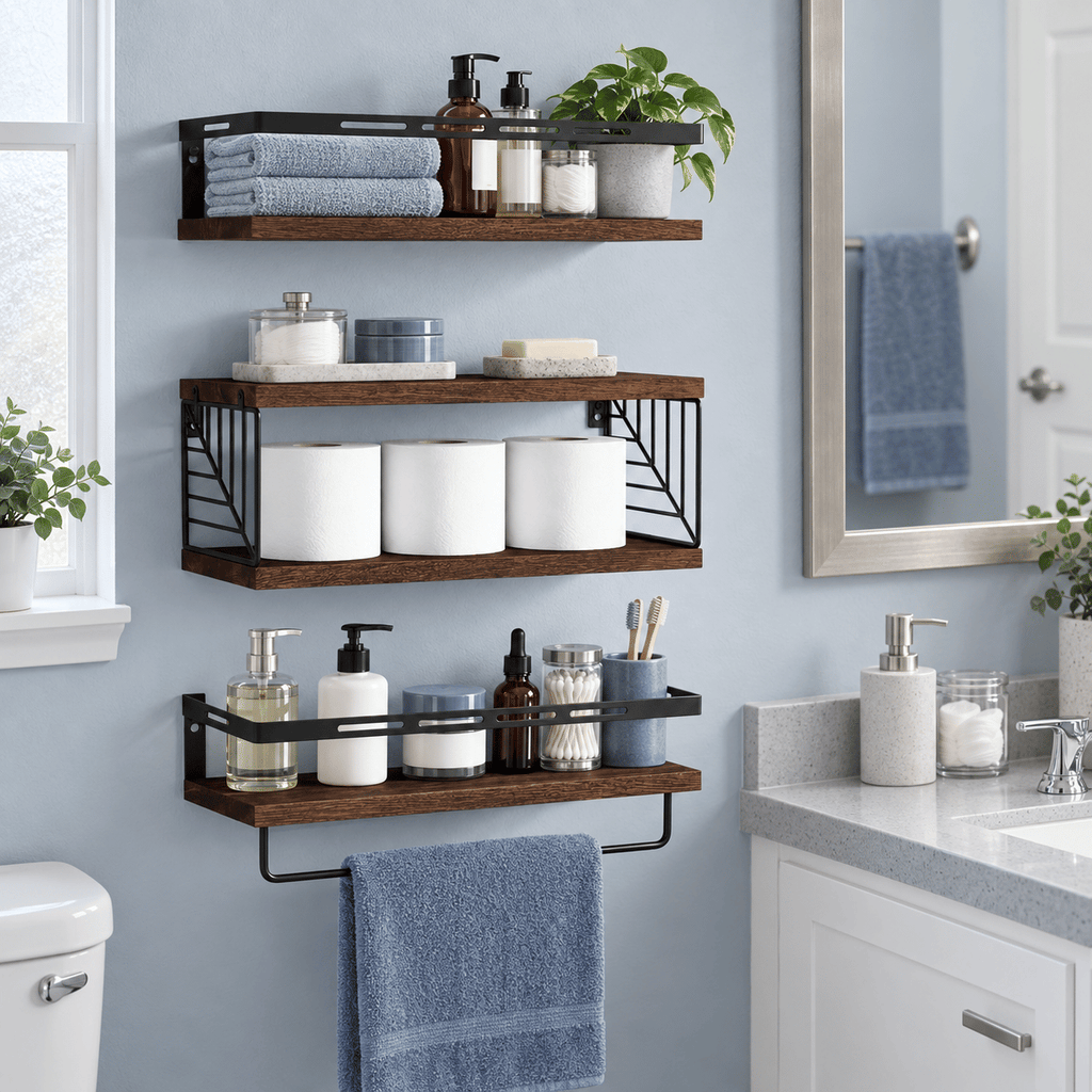 3-Piece Floating Wall Shelves Set, Rustic Brown Wood Wall Mounted Shelves with Towel Bar and Metal Guardrails, 22 lb Capacity Per Shelf, 15.85 x 5.95 Inch