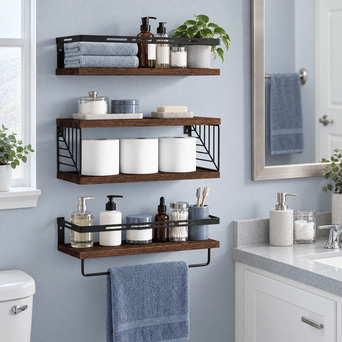 3-Piece Floating Wall Shelves Set, Rustic Brown Wood Wall Mounted Shelves with Towel Bar and Metal Guardrails, 22 lb Capacity Per Shelf, 15.85 x 5.95 Inch