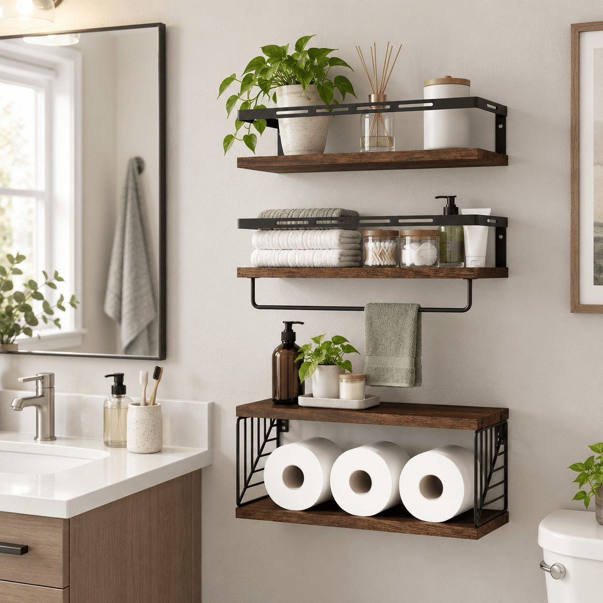 3-Piece Floating Wall Shelves Set, Rustic Brown Wood Wall Mounted Shelves with Towel Bar and Metal Guardrails, 22 lb Capacity Per Shelf, 15.85 x 5.95 Inch