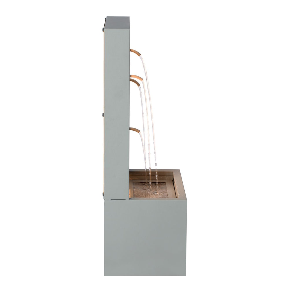 30.71"H Light Gray Metal Leaf Cutout Outdoor Water Wall Fountain with LED Lights, Modern Waterfall Feature for Patio Garden Backyard Decor