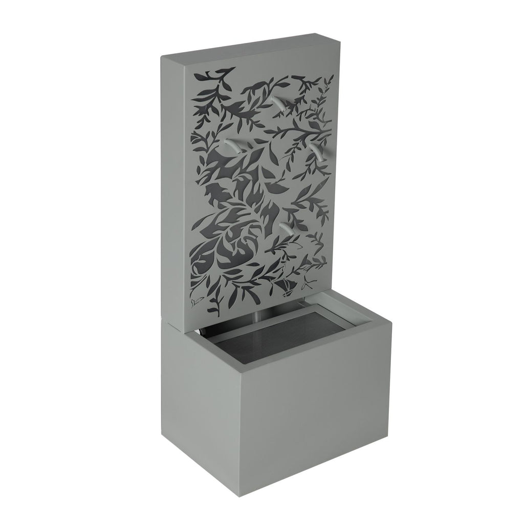 30.71"H Light Gray Metal Leaf Cutout Outdoor Water Wall Fountain with LED Lights, Modern Waterfall Feature for Patio Garden Backyard Decor