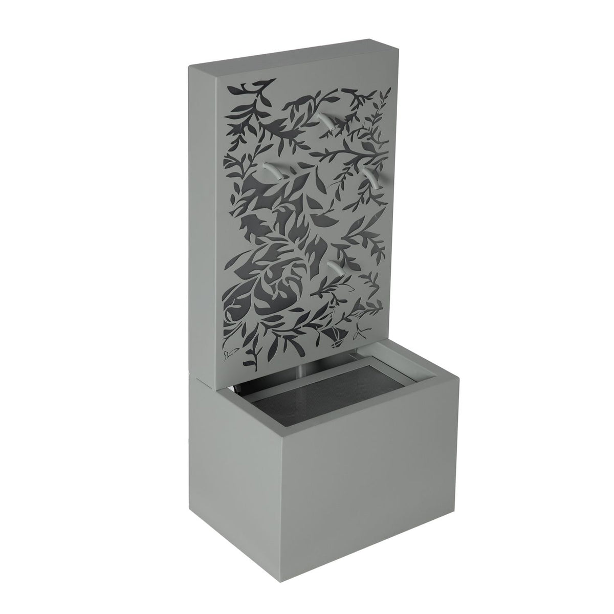 30.71"H Light Gray Metal Leaf Cutout Outdoor Water Wall Fountain with LED Lights, Modern Waterfall Feature for Patio Garden Backyard Decor