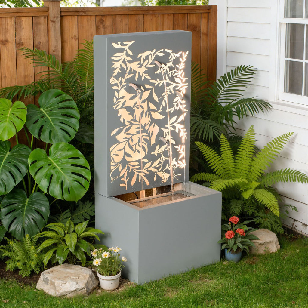 30.71"H Light Gray Metal Leaf Cutout Outdoor Water Wall Fountain with LED Lights, Modern Waterfall Feature for Patio Garden Backyard Decor