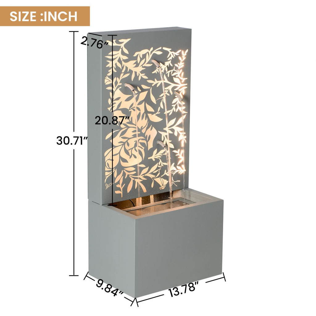 30.71"H Light Gray Metal Leaf Cutout Outdoor Water Wall Fountain with LED Lights, Modern Waterfall Feature for Patio Garden Backyard Decor
