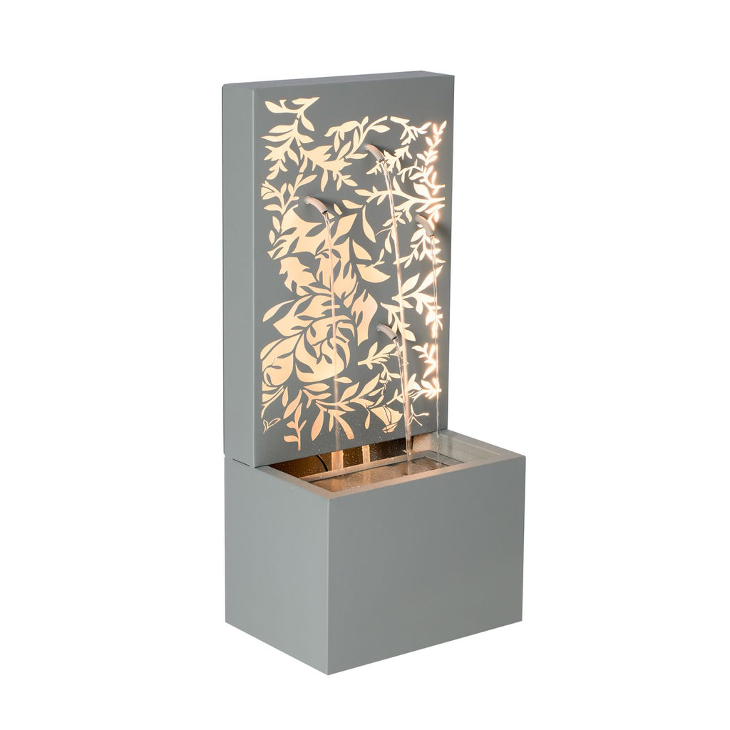 30.71"H Light Gray Metal Leaf Cutout Outdoor Water Wall Fountain with LED Lights, Modern Waterfall Feature for Patio Garden Backyard Decor
