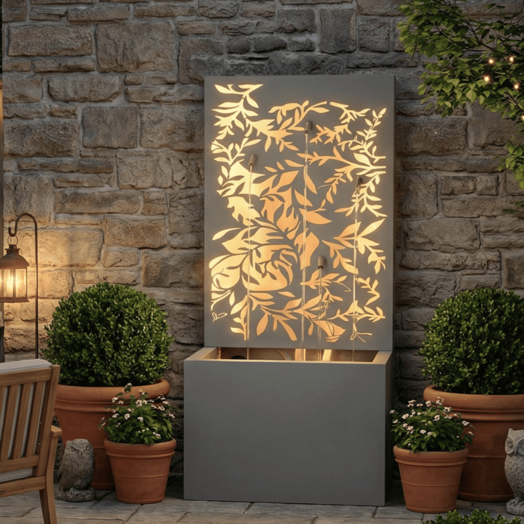 30.71"H Light Gray Metal Leaf Cutout Outdoor Water Wall Fountain with LED Lights, Modern Waterfall Feature for Patio Garden Backyard Decor