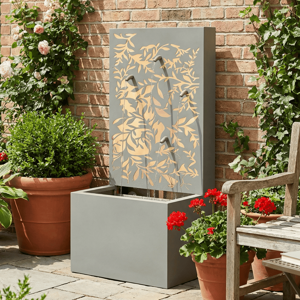 30.71"H Light Gray Metal Leaf Cutout Outdoor Water Wall Fountain with LED Lights, Modern Waterfall Feature for Patio Garden Backyard Decor