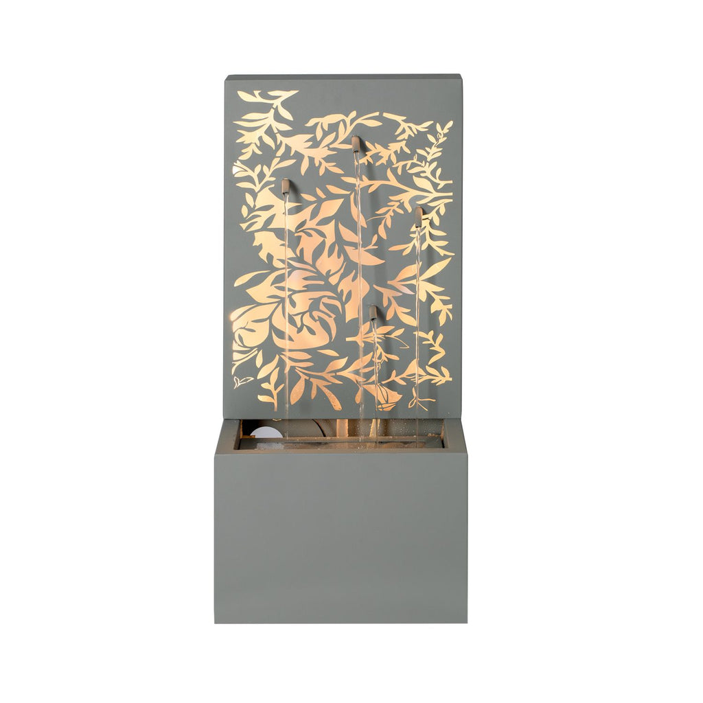 30.71"H Light Gray Metal Leaf Cutout Outdoor Water Wall Fountain with LED Lights, Modern Waterfall Feature for Patio Garden Backyard Decor