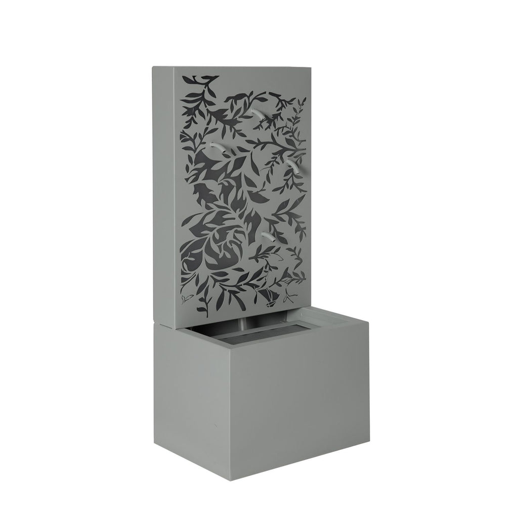 30.71"H Light Gray Metal Leaf Cutout Outdoor Water Wall Fountain with LED Lights, Modern Waterfall Feature for Patio Garden Backyard Decor
