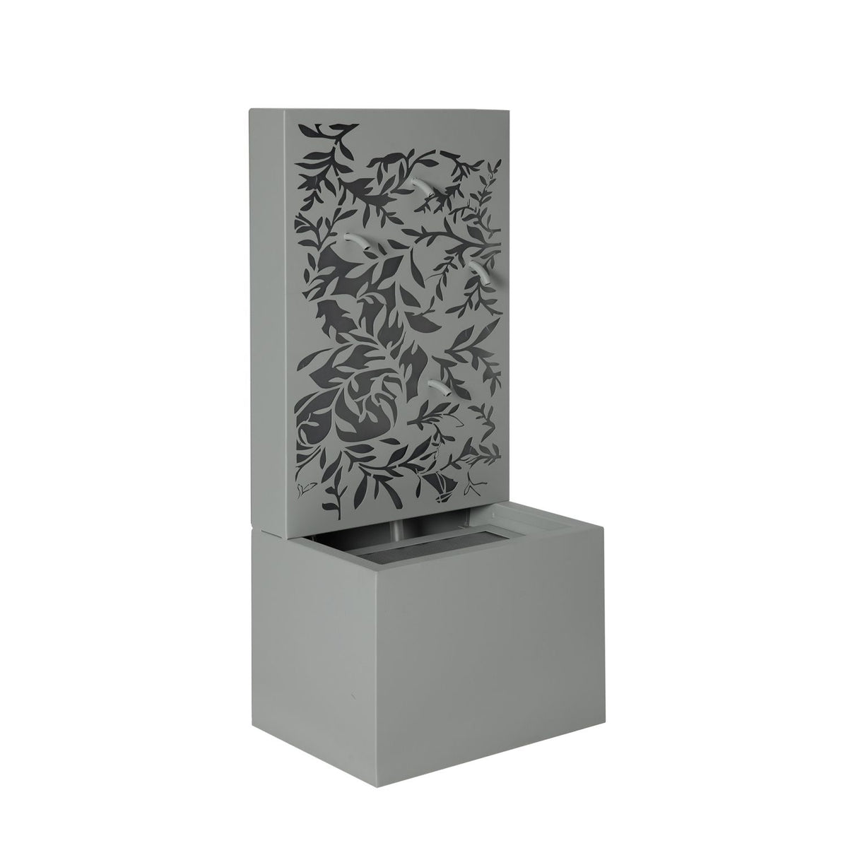 30.71"H Light Gray Metal Leaf Cutout Outdoor Water Wall Fountain with LED Lights, Modern Waterfall Feature for Patio Garden Backyard Decor