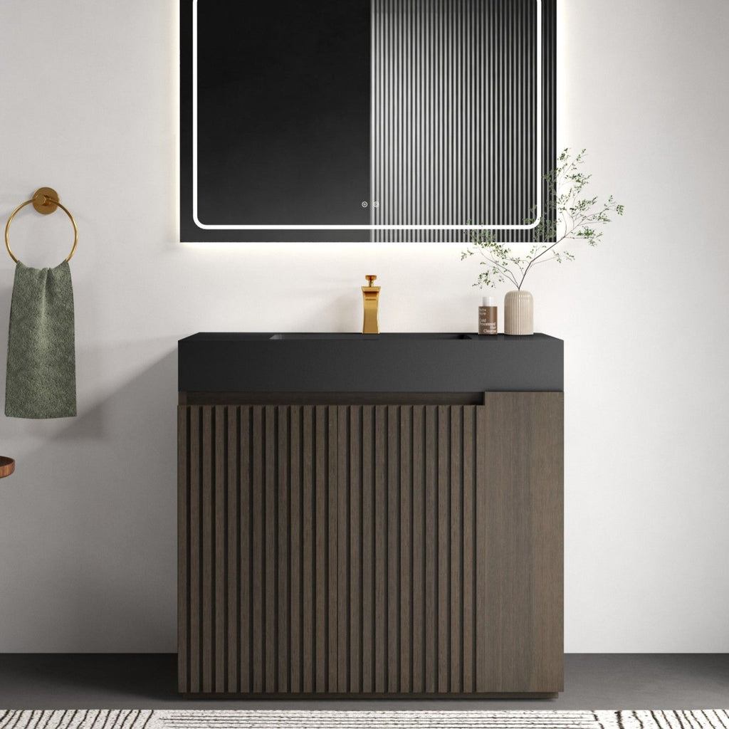 GALAN 36F" Smoked Oak Bathroom Vanity with Sink, Large Storage Freestanding Bathroom Vanity for Modern Bathroom, One-Piece Black Sink Basin without Drain and Faucet, KD