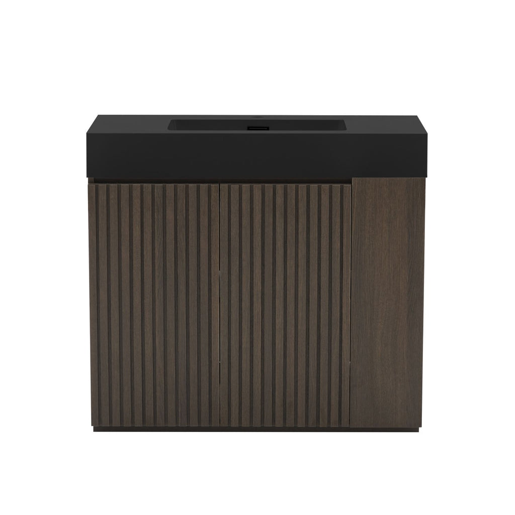 GALAN 36F" Smoked Oak Bathroom Vanity with Sink, Large Storage Freestanding Bathroom Vanity for Modern Bathroom, One-Piece Black Sink Basin without Drain and Faucet, KD