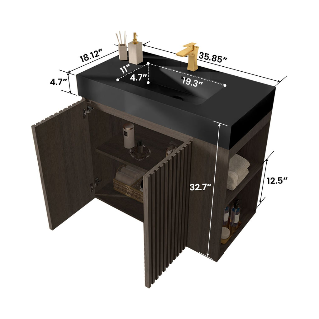 GALAN 36F" Smoked Oak Bathroom Vanity with Sink, Large Storage Freestanding Bathroom Vanity for Modern Bathroom, One-Piece Black Sink Basin without Drain and Faucet, KD