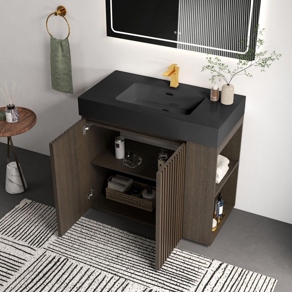 GALAN 36F" Smoked Oak Bathroom Vanity with Sink, Large Storage Freestanding Bathroom Vanity for Modern Bathroom, One-Piece Black Sink Basin without Drain and Faucet, KD