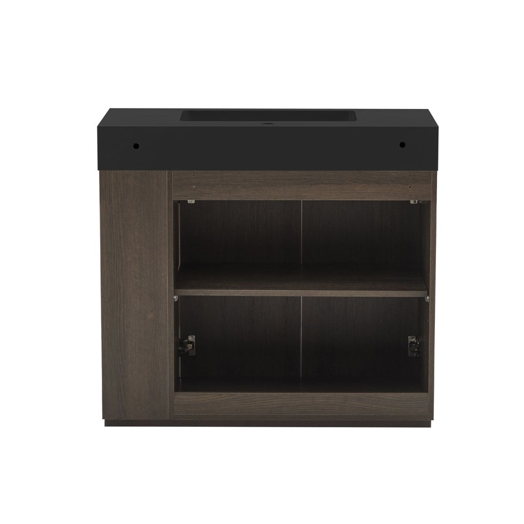 GALAN 36F" Smoked Oak Bathroom Vanity with Sink, Large Storage Freestanding Bathroom Vanity for Modern Bathroom, One-Piece Black Sink Basin without Drain and Faucet, KD