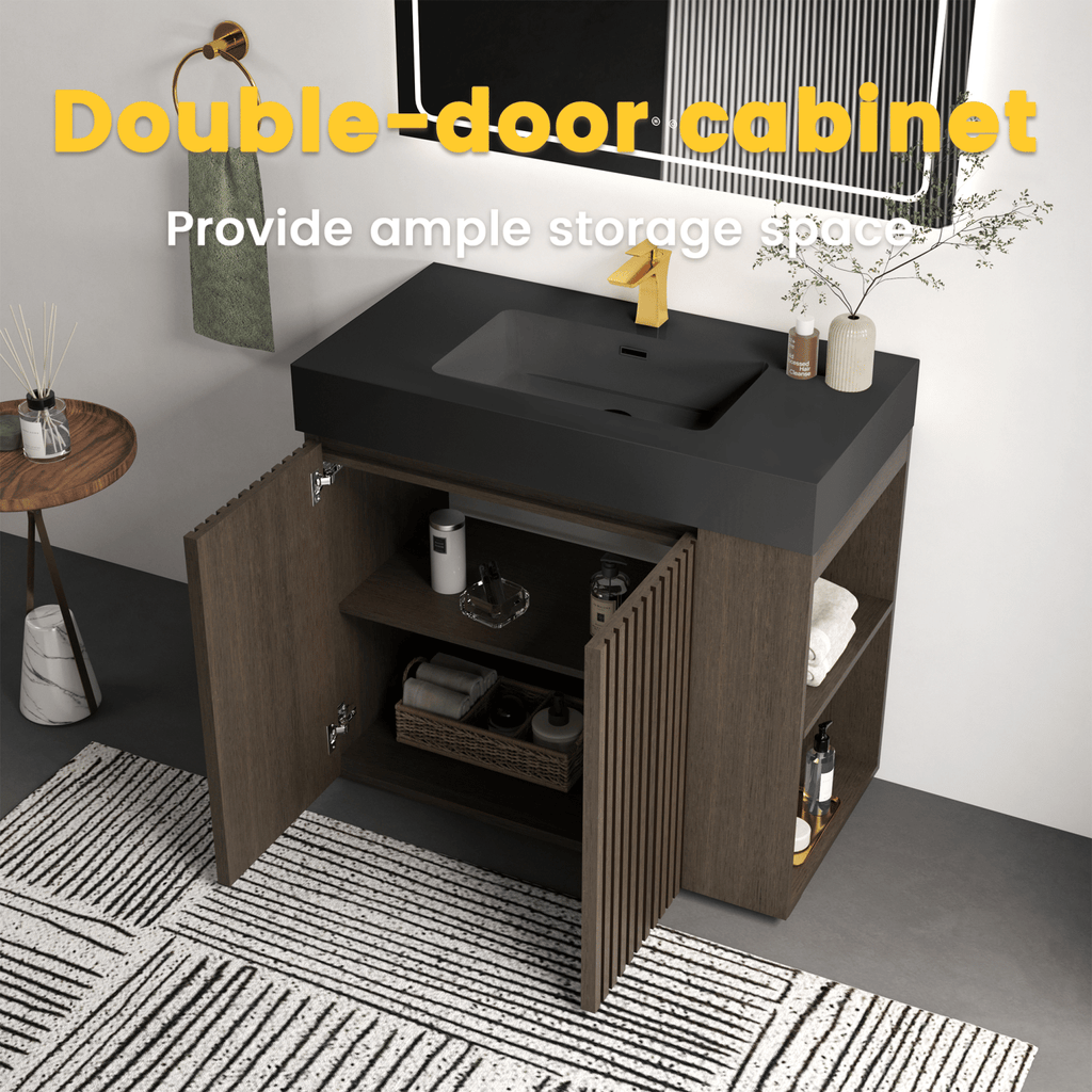GALAN 36F" Smoked Oak Bathroom Vanity with Sink, Large Storage Freestanding Bathroom Vanity for Modern Bathroom, One-Piece Black Sink Basin without Drain and Faucet, KD