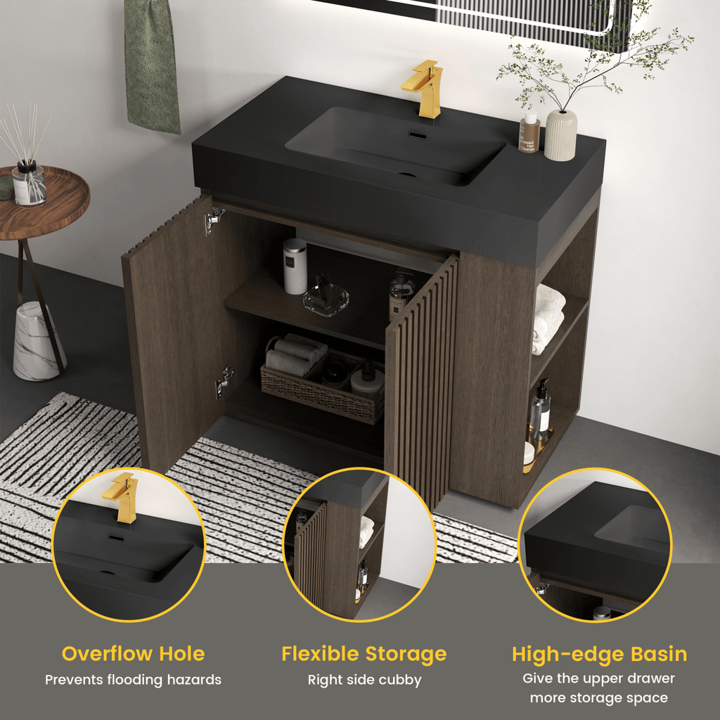GALAN 36F" Smoked Oak Bathroom Vanity with Sink, Large Storage Freestanding Bathroom Vanity for Modern Bathroom, One-Piece Black Sink Basin without Drain and Faucet, KD