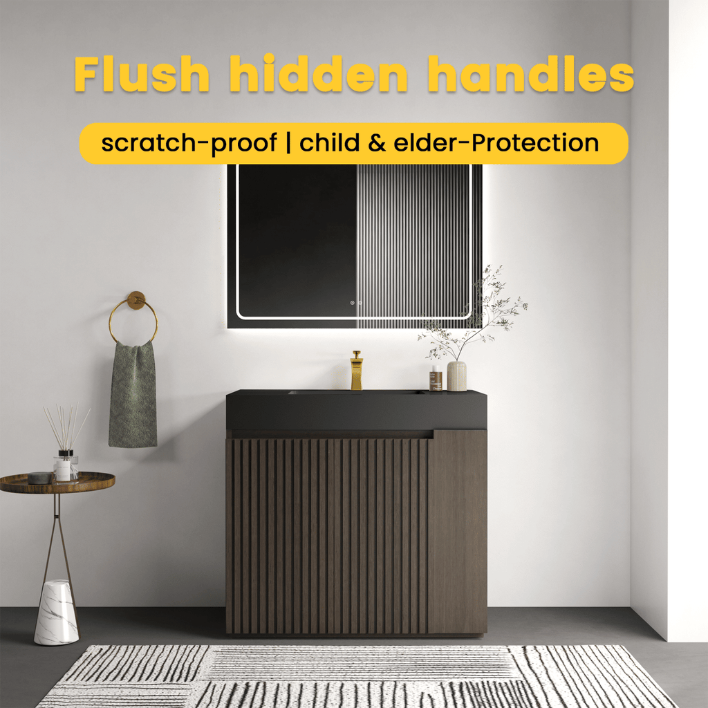 GALAN 36F" Smoked Oak Bathroom Vanity with Sink, Large Storage Freestanding Bathroom Vanity for Modern Bathroom, One-Piece Black Sink Basin without Drain and Faucet, KD