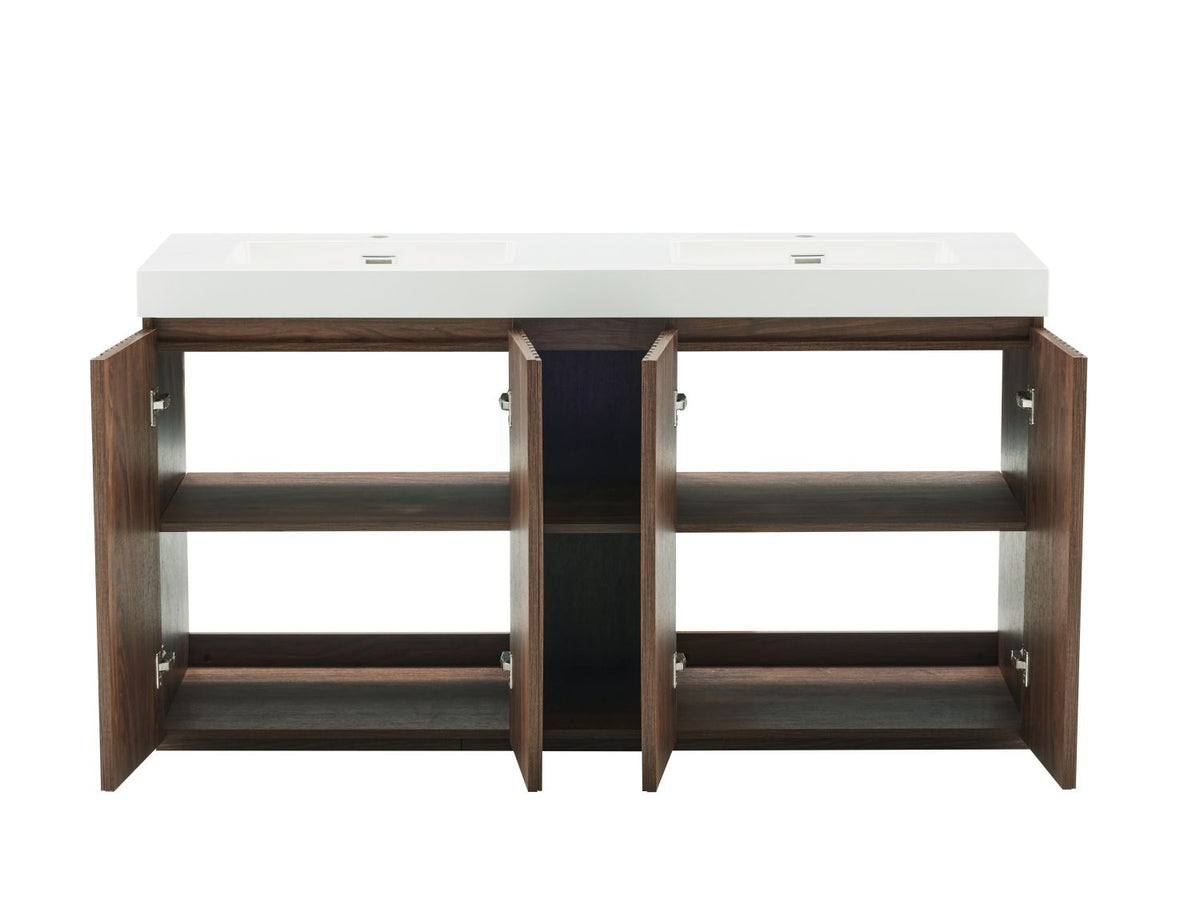 GALAN 60F" Winston Walnut Bathroom Vanity with Sink, Large Storage Freestanding Bathroom Vanity for Modern Bathroom, One-Piece White Double Sink Basin without Drain and Faucet, KD
