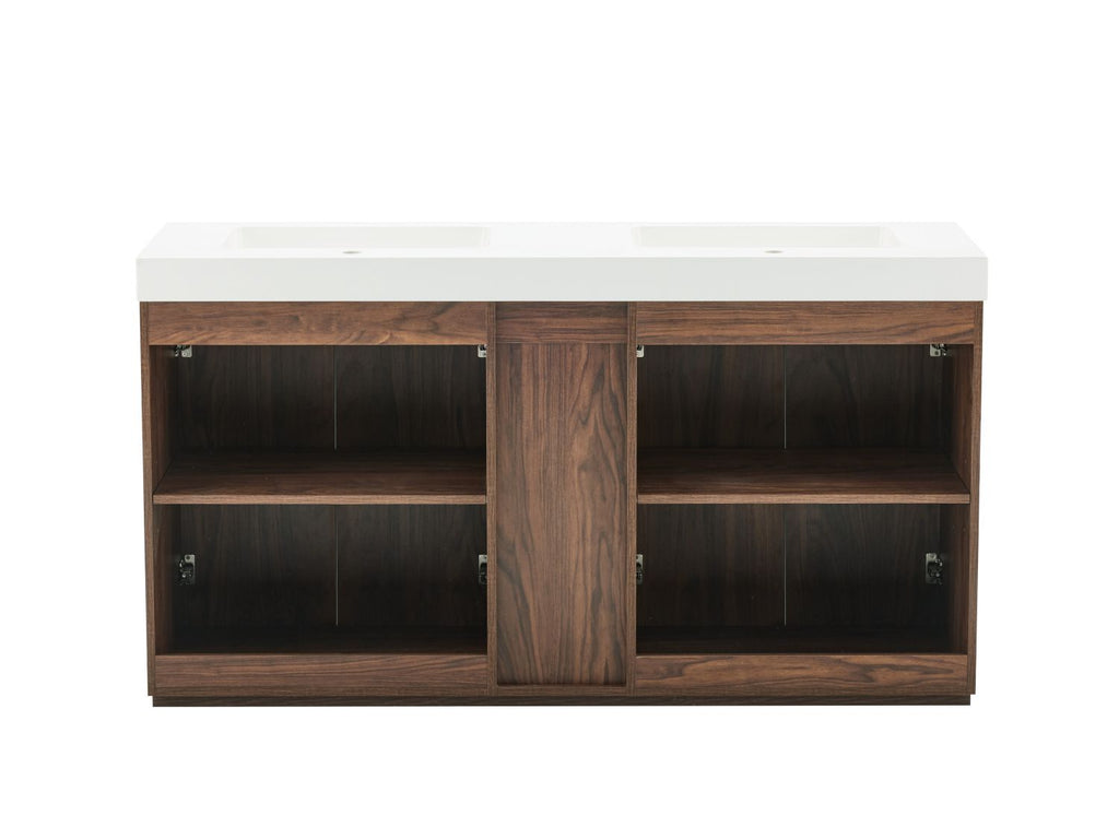 GALAN 60F" Winston Walnut Bathroom Vanity with Sink, Large Storage Freestanding Bathroom Vanity for Modern Bathroom, One-Piece White Double Sink Basin without Drain and Faucet, KD