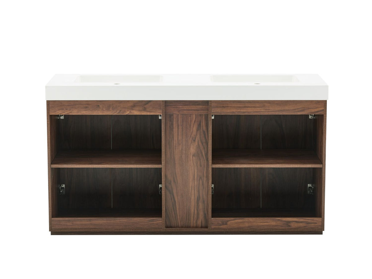 GALAN 60F" Winston Walnut Bathroom Vanity with Sink, Large Storage Freestanding Bathroom Vanity for Modern Bathroom, One-Piece White Double Sink Basin without Drain and Faucet, KD