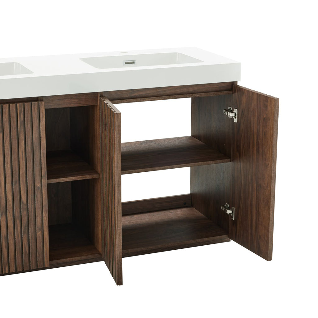 GALAN 60F" Winston Walnut Bathroom Vanity with Sink, Large Storage Freestanding Bathroom Vanity for Modern Bathroom, One-Piece White Double Sink Basin without Drain and Faucet, KD