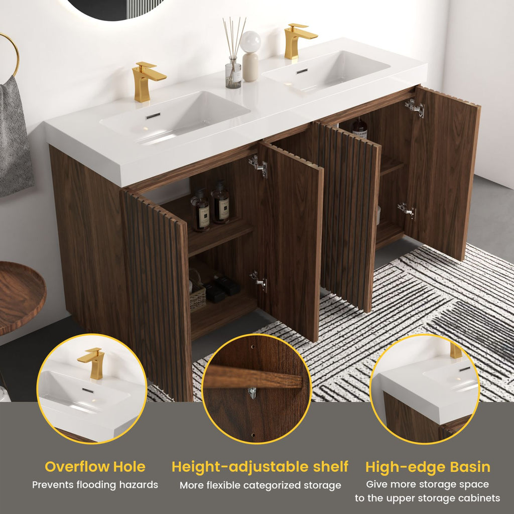 GALAN 60F" Winston Walnut Bathroom Vanity with Sink, Large Storage Freestanding Bathroom Vanity for Modern Bathroom, One-Piece White Double Sink Basin without Drain and Faucet, KD