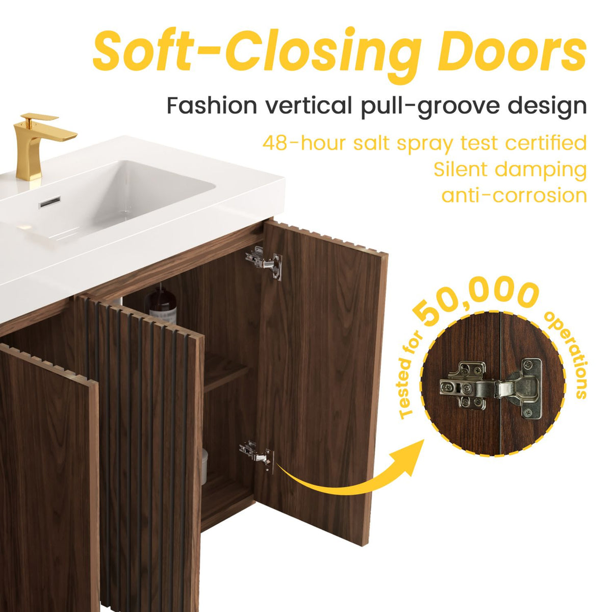 GALAN 60F" Winston Walnut Bathroom Vanity with Sink, Large Storage Freestanding Bathroom Vanity for Modern Bathroom, One-Piece White Double Sink Basin without Drain and Faucet, KD