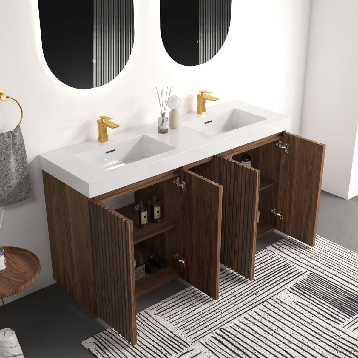 GALAN 60F" Winston Walnut Bathroom Vanity with Sink, Large Storage Freestanding Bathroom Vanity for Modern Bathroom, One-Piece White Double Sink Basin without Drain and Faucet, KD