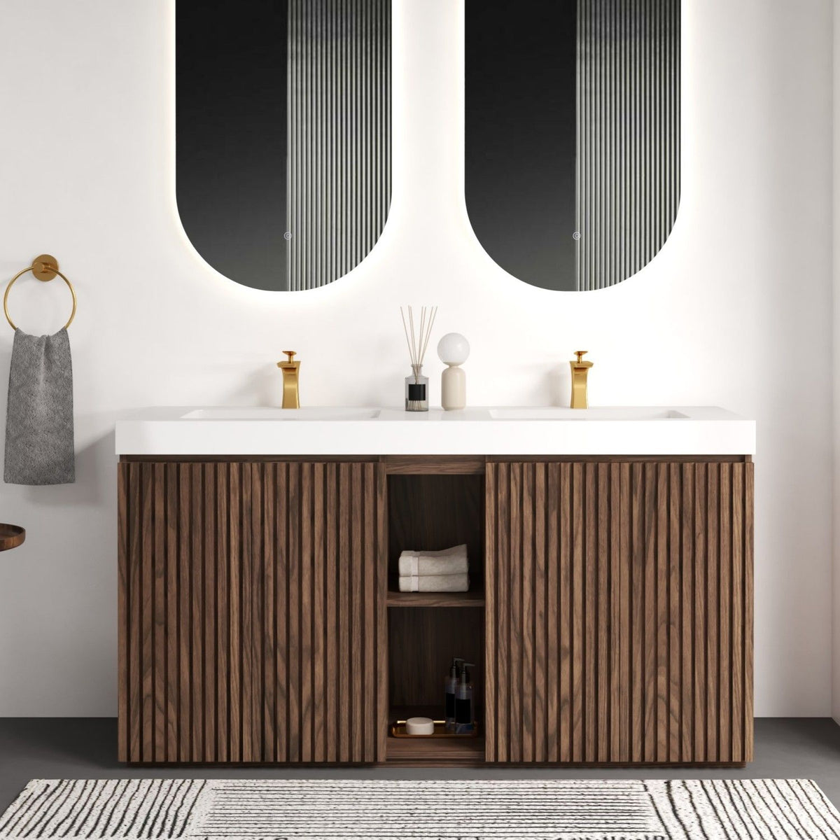 GALAN 60F" Winston Walnut Bathroom Vanity with Sink, Large Storage Freestanding Bathroom Vanity for Modern Bathroom, One-Piece White Double Sink Basin without Drain and Faucet, KD