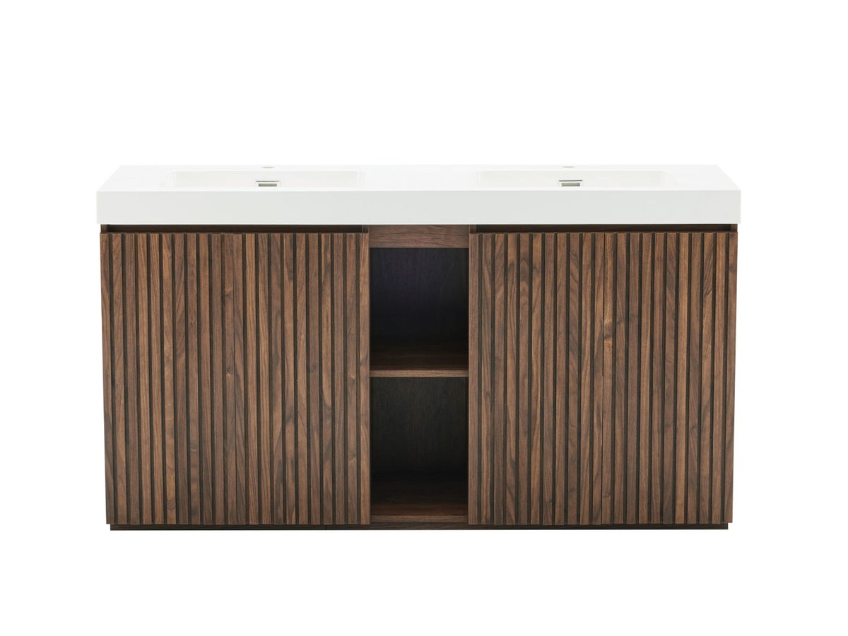 GALAN 60F" Winston Walnut Bathroom Vanity with Sink, Large Storage Freestanding Bathroom Vanity for Modern Bathroom, One-Piece White Double Sink Basin without Drain and Faucet, KD