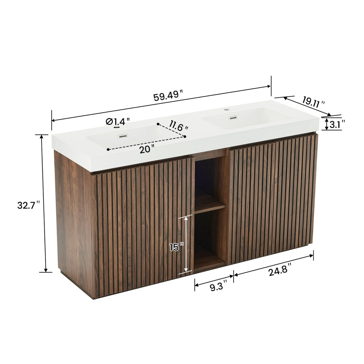 GALAN 60F" Winston Walnut Bathroom Vanity with Sink, Large Storage Freestanding Bathroom Vanity for Modern Bathroom, One-Piece White Double Sink Basin without Drain and Faucet, KD