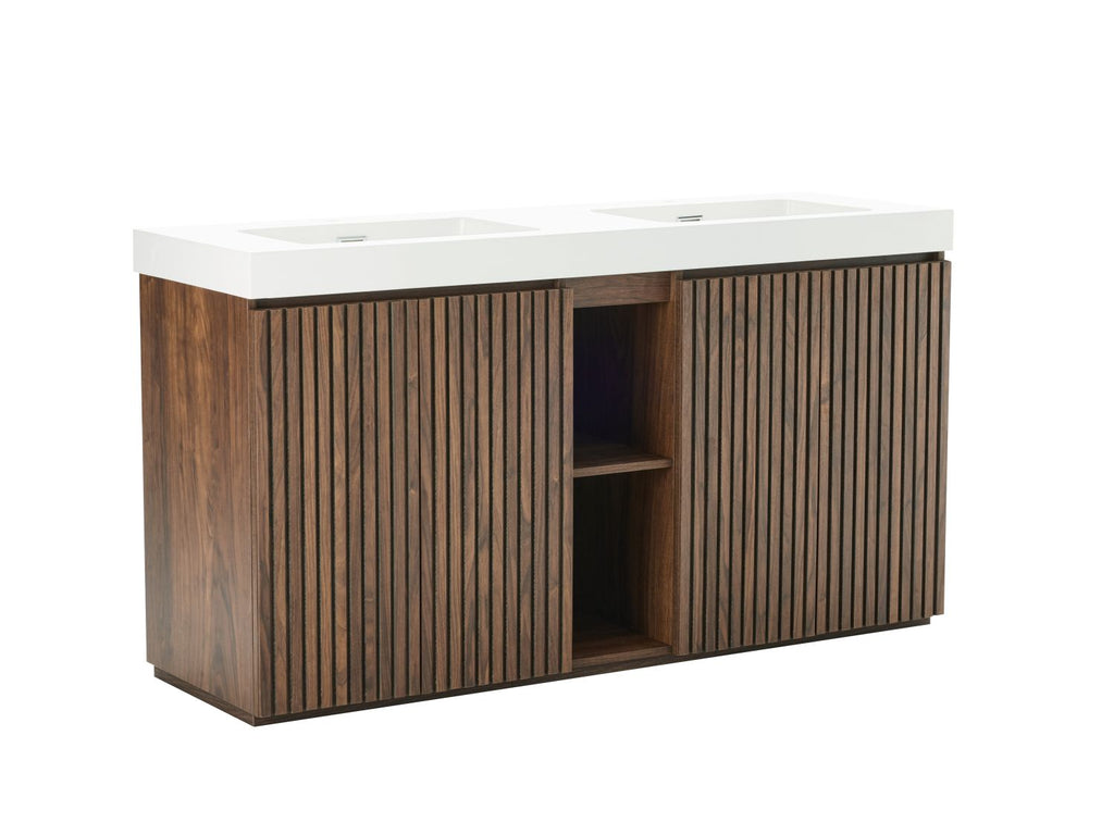 GALAN 60F" Winston Walnut Bathroom Vanity with Sink, Large Storage Freestanding Bathroom Vanity for Modern Bathroom, One-Piece White Double Sink Basin without Drain and Faucet, KD