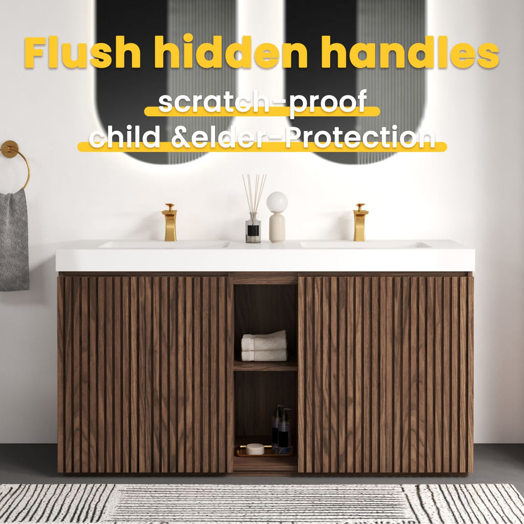 GALAN 60F" Winston Walnut Bathroom Vanity with Sink, Large Storage Freestanding Bathroom Vanity for Modern Bathroom, One-Piece White Double Sink Basin without Drain and Faucet, KD