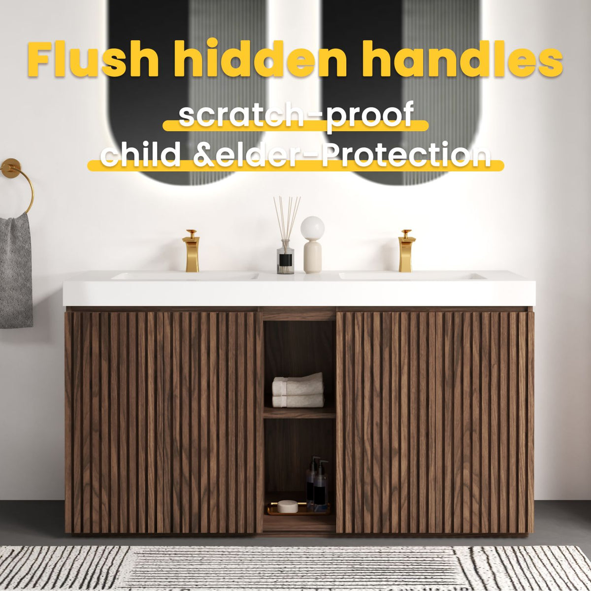 GALAN 60F" Winston Walnut Bathroom Vanity with Sink, Large Storage Freestanding Bathroom Vanity for Modern Bathroom, One-Piece White Double Sink Basin without Drain and Faucet, KD