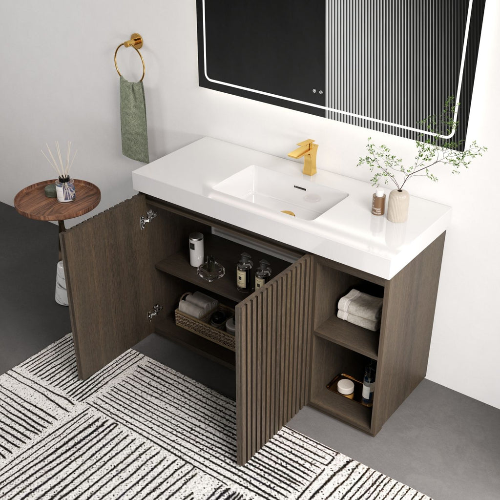 GALAN 48F" Smoked Oak Bathroom Vanity with Sink, Large Storage Freestanding Bathroom Vanity for Modern Bathroom, One-Piece White Sink Basin without Drain and Faucet, KD