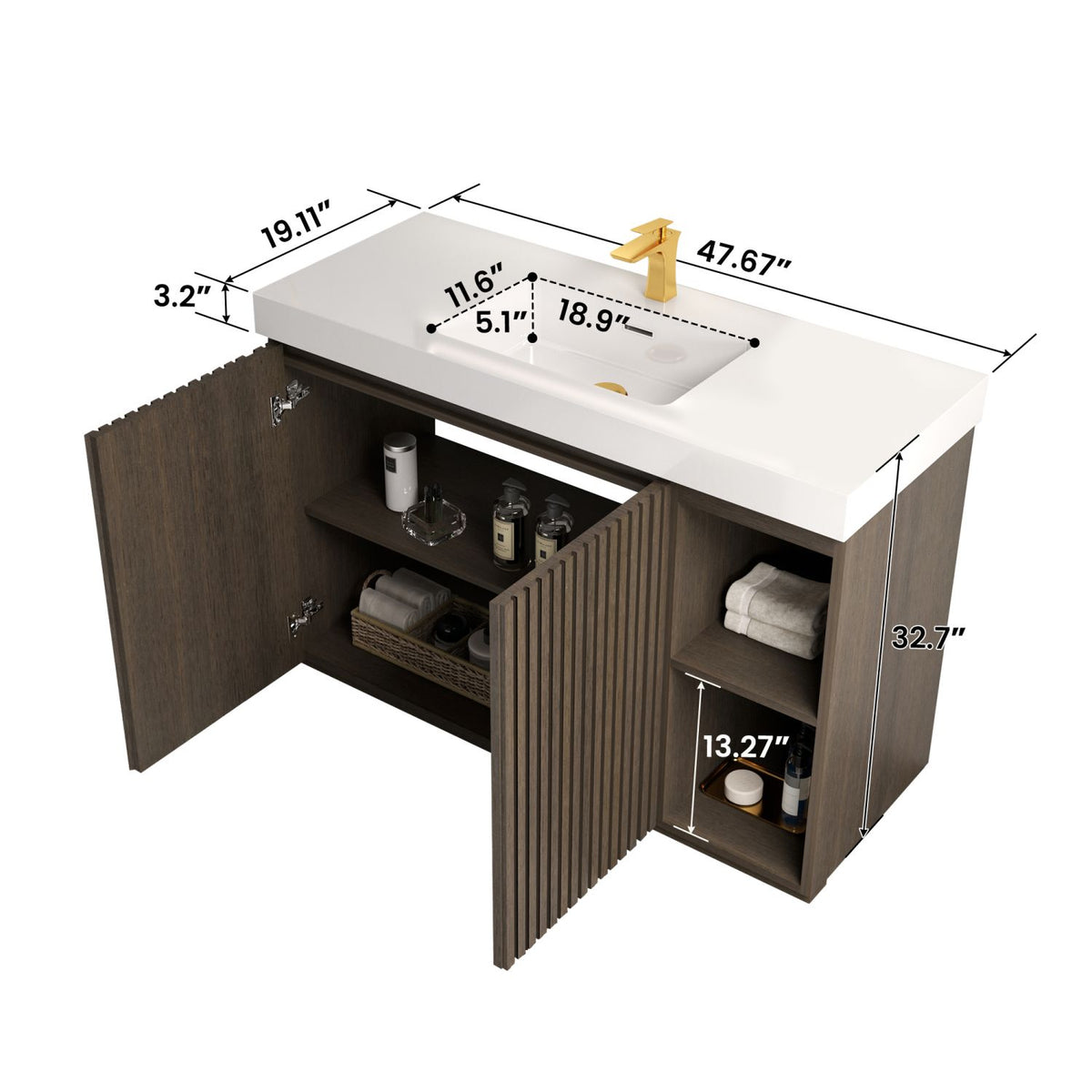 GALAN 48F" Smoked Oak Bathroom Vanity with Sink, Large Storage Freestanding Bathroom Vanity for Modern Bathroom, One-Piece White Sink Basin without Drain and Faucet, KD