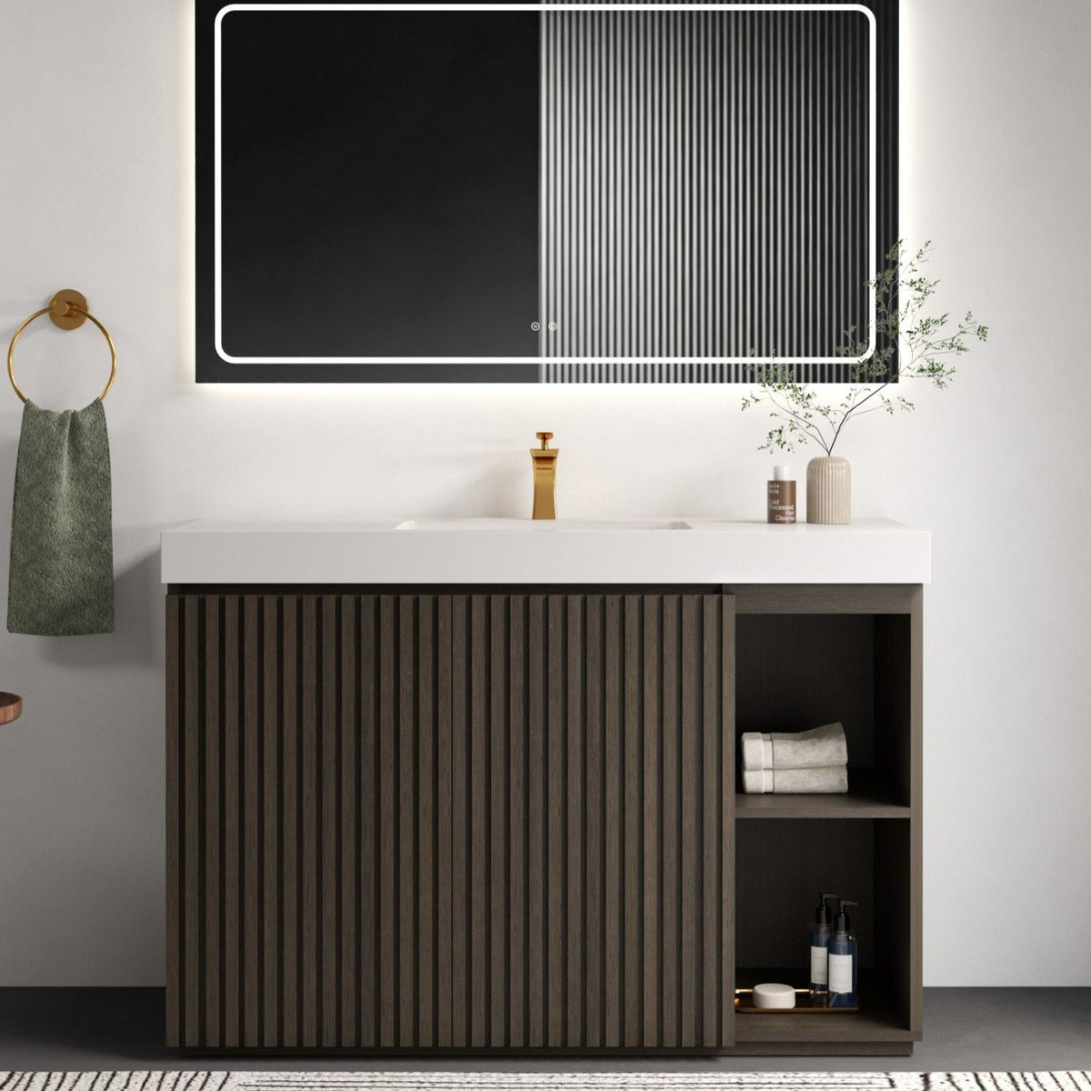 GALAN 48F" Smoked Oak Bathroom Vanity with Sink, Large Storage Freestanding Bathroom Vanity for Modern Bathroom, One-Piece White Sink Basin without Drain and Faucet, KD