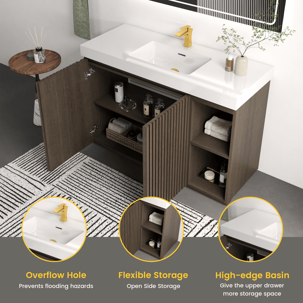 GALAN 48F" Smoked Oak Bathroom Vanity with Sink, Large Storage Freestanding Bathroom Vanity for Modern Bathroom, One-Piece White Sink Basin without Drain and Faucet, KD