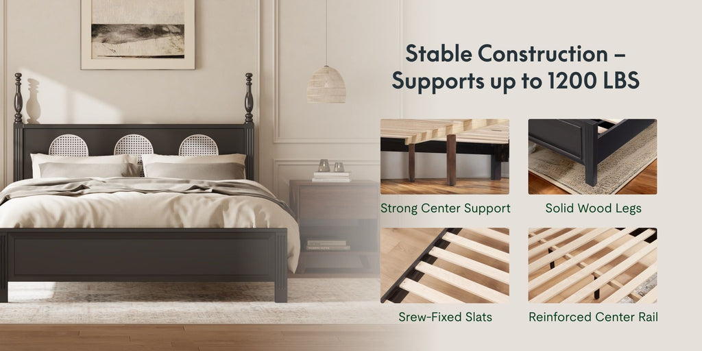 Queen Size Bed Frame with Rattan Woven Headboard and Roman Column Details, Solid Wood Slats, Reinforced Center Support Legs, 1,100 lbs Weight Capacity, 6" Under-Bed Clearance and Raised Footboard