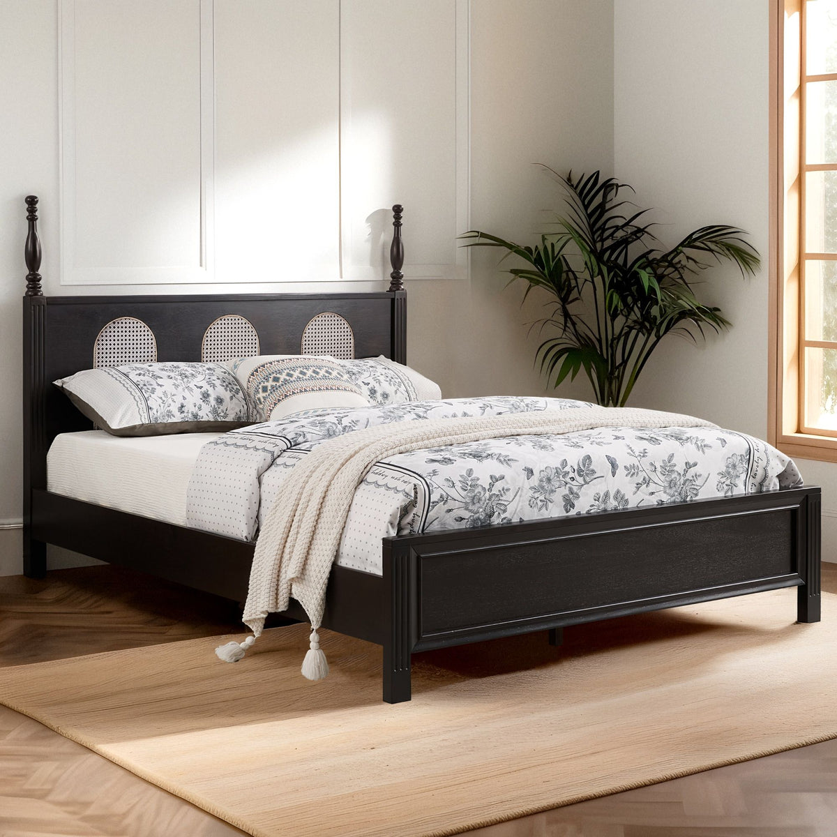 Queen Size Bed Frame with Rattan Woven Headboard and Roman Column Details, Solid Wood Slats, Reinforced Center Support Legs, 1,100 lbs Weight Capacity, 6" Under-Bed Clearance and Raised Footboard