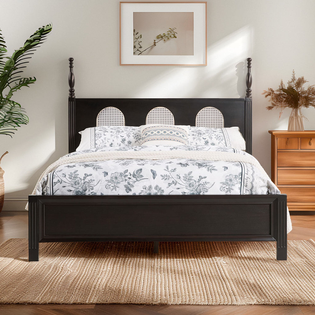 Queen Size Bed Frame with Rattan Woven Headboard and Roman Column Details, Solid Wood Slats, Reinforced Center Support Legs, 1,100 lbs Weight Capacity, 6" Under-Bed Clearance and Raised Footboard