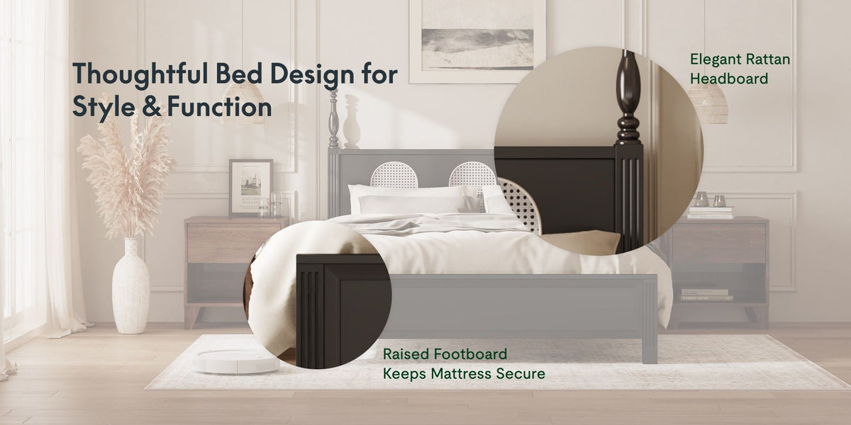 Queen Size Bed Frame with Rattan Woven Headboard and Roman Column Details, Solid Wood Slats, Reinforced Center Support Legs, 1,100 lbs Weight Capacity, 6" Under-Bed Clearance and Raised Footboard