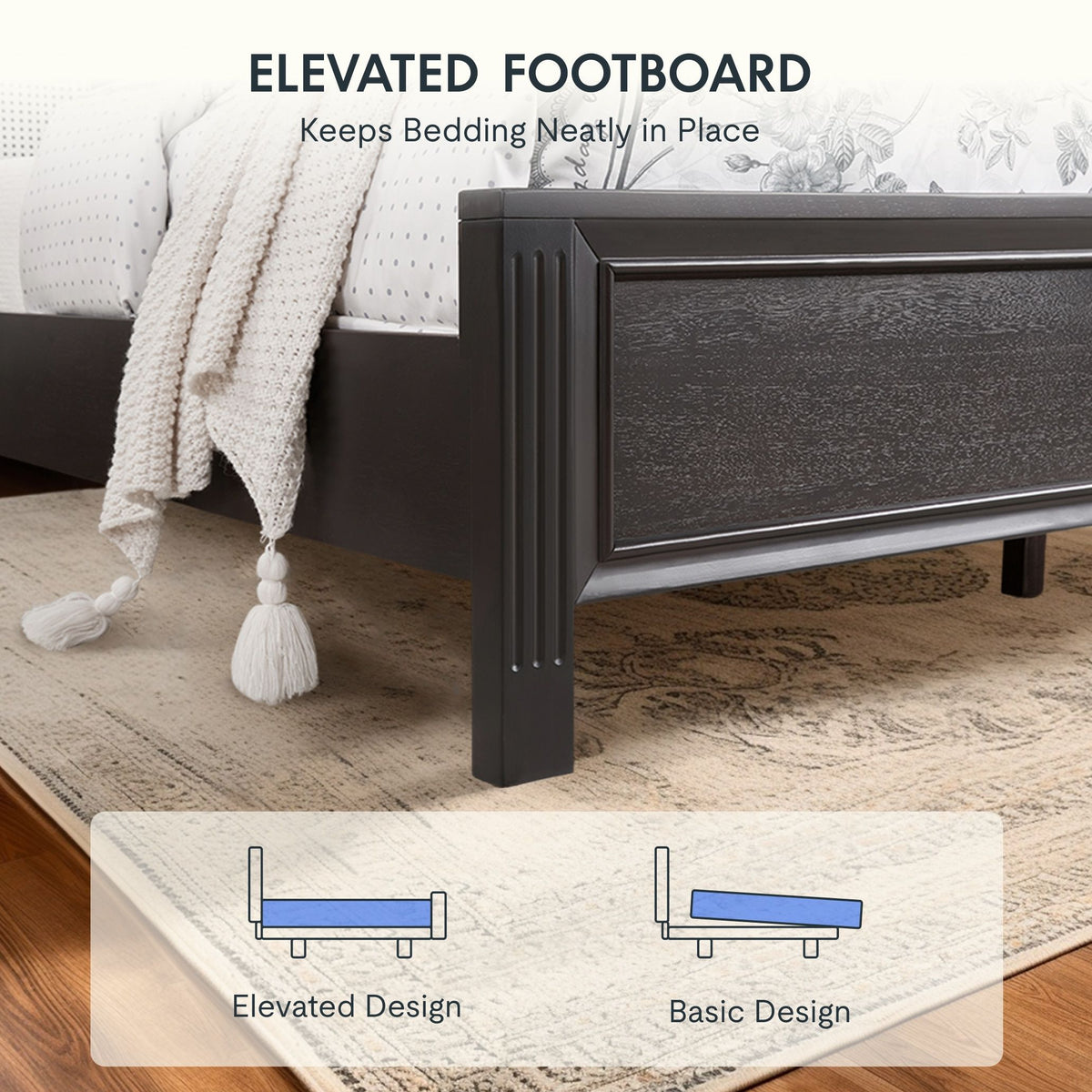 Queen Size Bed Frame with Rattan Woven Headboard and Roman Column Details, Solid Wood Slats, Reinforced Center Support Legs, 1,100 lbs Weight Capacity, 6" Under-Bed Clearance and Raised Footboard