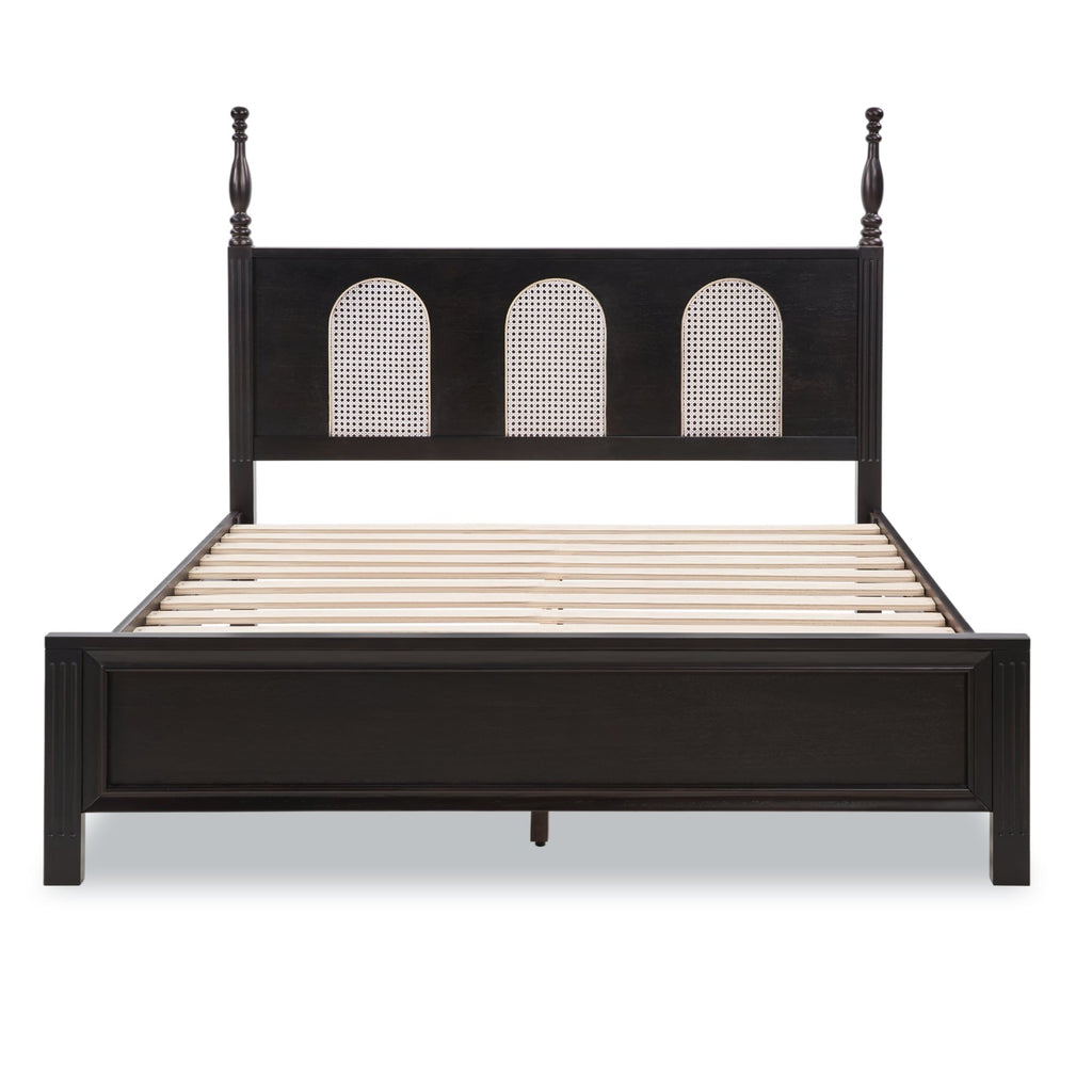 Queen Size Bed Frame with Rattan Woven Headboard and Roman Column Details, Solid Wood Slats, Reinforced Center Support Legs, 1,100 lbs Weight Capacity, 6" Under-Bed Clearance and Raised Footboard