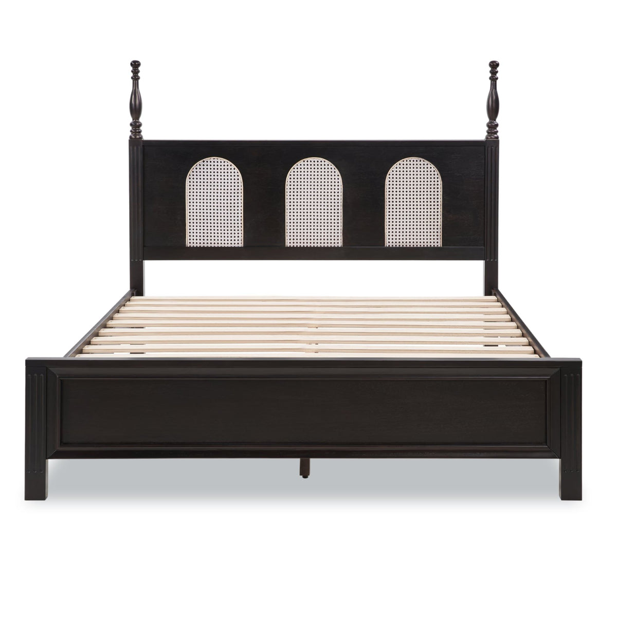 Queen Size Bed Frame with Rattan Woven Headboard and Roman Column Details, Solid Wood Slats, Reinforced Center Support Legs, 1,100 lbs Weight Capacity, 6" Under-Bed Clearance and Raised Footboard
