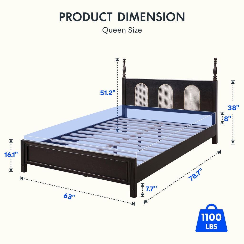 Queen Size Bed Frame with Rattan Woven Headboard and Roman Column Details, Solid Wood Slats, Reinforced Center Support Legs, 1,100 lbs Weight Capacity, 6" Under-Bed Clearance and Raised Footboard