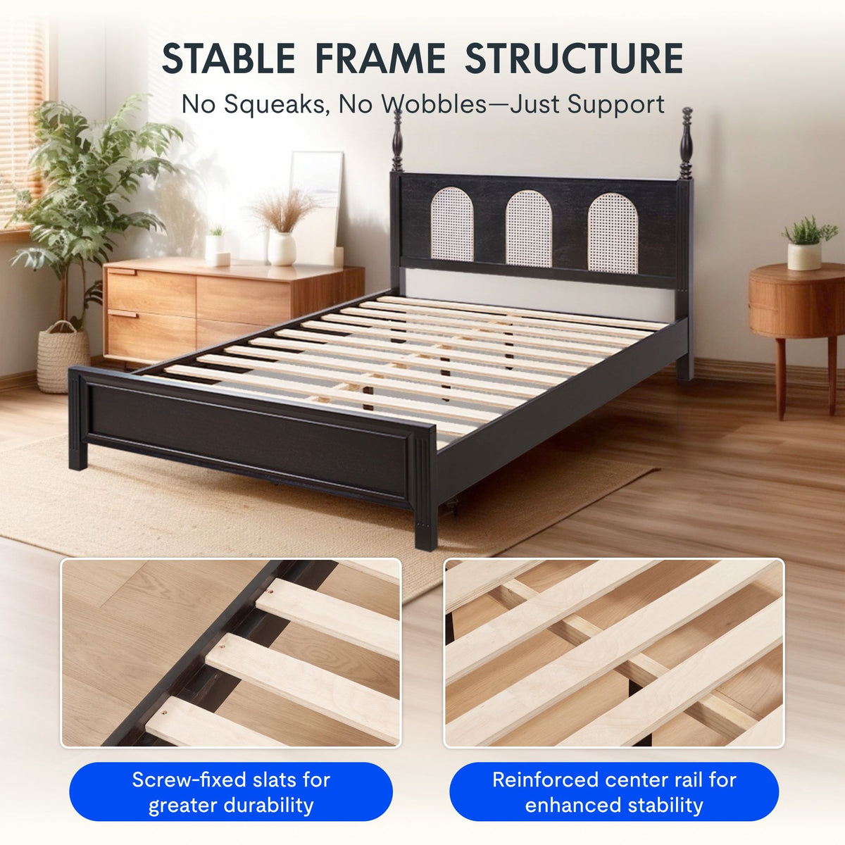 Queen Size Bed Frame with Rattan Woven Headboard and Roman Column Details, Solid Wood Slats, Reinforced Center Support Legs, 1,100 lbs Weight Capacity, 6" Under-Bed Clearance and Raised Footboard